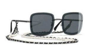 CHANEL 4244 Square Dark Silver / Gray Lens with Pearl Chain Sunglasses