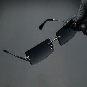 Rimless Dark Purple Tint Rectangle Silver Frame Retro Mens Fashion Sunglasses