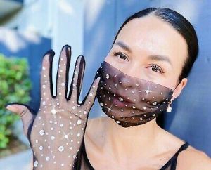 Stylish Rhinestone Mesh Fashion Face Mask Transparent Sheer Mouth Cover Gloves