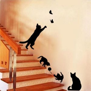 Cat play Butterflies Wall Sticker Removable Decoration Decals for Bedroom Kitchen Living Room Walls