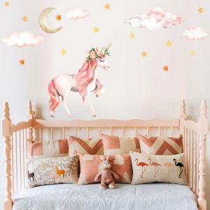Family Gifts Guide לבנות Pink Horse Cloudy Sky Wall Stickers Romantic Lovely Diy Sticker Moon Star Wall Sticker
