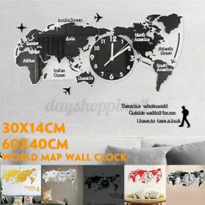 3D World Map Wall Clock Digital Wall Hanging Clock Quiet Acrylic Home Office New
